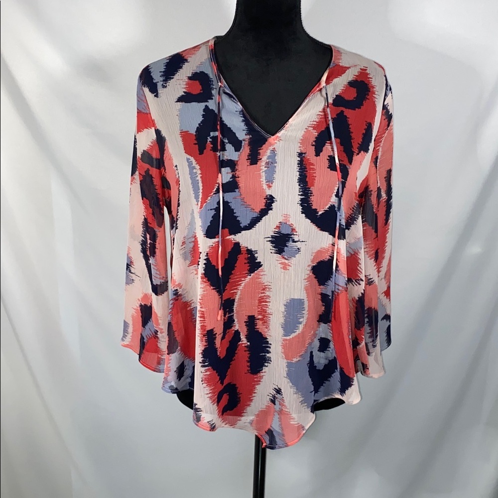 Banana Republic Coral Red Blue Ikat Print Split V-Neck Blouse Top S
